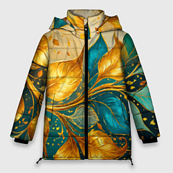 Куртка зимняя женская Листья абстрактные золото и бирюза, цвет: 3D-черный