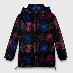 Куртка зимняя женская Неоновые разноцветные цветы, цвет: 3D-черный