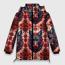Куртка зимняя женская Серые волки на красном фоне, цвет: 3D-черный