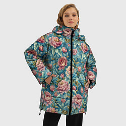 Куртка зимняя женская Пионы паттерном садовые крупные цветы, цвет: 3D-светло-серый — фото 2