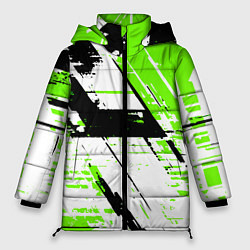 Куртка зимняя женская Diagonal black and green stripes on a white backgr, цвет: 3D-черный