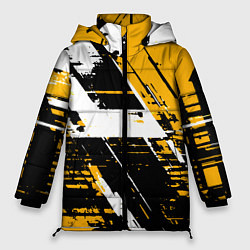 Куртка зимняя женская Diagonal black and white stripes on a yellow backg, цвет: 3D-черный