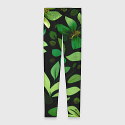 Женские легинсы Чёрный с зелёными крупными цветами