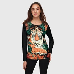 Лонгслив женский Огненный Тигр в Цветах, цвет: 3D-принт — фото 2