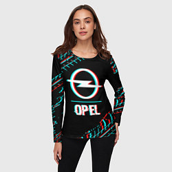 Лонгслив женский Значок Opel в стиле Glitch на темном фоне, цвет: 3D-принт — фото 2