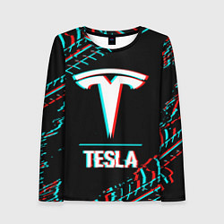 Женский лонгслив Значок Tesla в стиле Glitch на темном фоне
