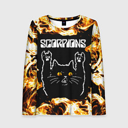 Лонгслив женский Scorpions рок кот и огонь, цвет: 3D-принт