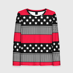 Лонгслив женский Red and black pattern with stripes and stars, цвет: 3D-принт