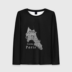 Лонгслив женский Эйфелева башня и надпись Я люблю Париж на черном ф, цвет: 3D-принт