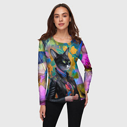 Лонгслив женский Модная кошечка в кожаной куртке - нейросеть, цвет: 3D-принт — фото 2
