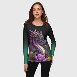 Лонгслив женский Неоновый дракон с цветами, цвет: 3D-принт — фото 2