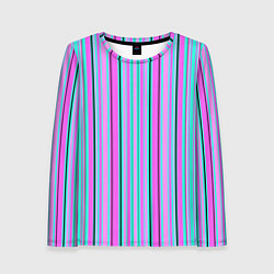 Лонгслив женский Розово-голубой неновый полосатый узор, цвет: 3D-принт