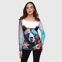 Лонгслив женский Портрет медведя гризли с цветами акварелью, цвет: 3D-принт — фото 2