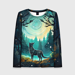 Лонгслив женский Волк в ночном лесу фолк-арт, цвет: 3D-принт