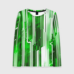 Лонгслив женский Киберпанк полосы белый и зелёный, цвет: 3D-принт