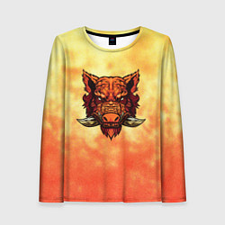 Женский лонгслив Огненный дикий кабан на фоне пламени