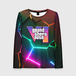 Лонгслив женский GTA 6 лого на фоне разлома разноцветных плит, цвет: 3D-принт