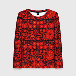 Лонгслив женский Хохломская роспись красные цветы и ягоды на чёрном, цвет: 3D-принт