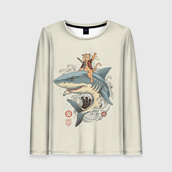 Лонгслив женский Кот якудза верхом на акуле, цвет: 3D-принт