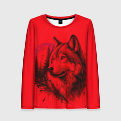 Лонгслив женский Рисунок волка на красном, цвет: 3D-принт