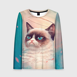 Лонгслив женский Мемный кот Grumpy Cat с нимбом, цвет: 3D-принт