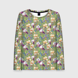 Лонгслив женский Ирисы и стрекозы на зеленом, цвет: 3D-принт