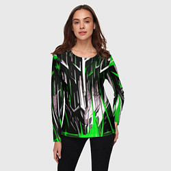 Лонгслив женский Зелёно-белые вертикальные полосы на чёрном фоне, цвет: 3D-принт — фото 2