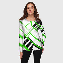 Лонгслив женский Зелёно-чёрные полосы на белом фоне, цвет: 3D-принт — фото 2