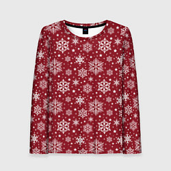Женский лонгслив Новогодний узор - белые снежинки на красном фоне