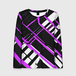 Лонгслив женский Фиолетово-белые линии на чёрном фоне, цвет: 3D-принт