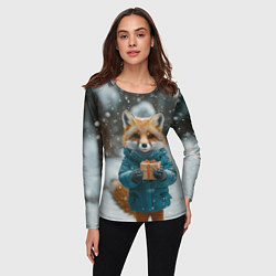 Лонгслив женский Лисица держит подарок, цвет: 3D-принт — фото 2