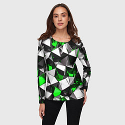 Лонгслив женский Зелёно-белые рельефные треугольники на чёрном фоне, цвет: 3D-принт — фото 2