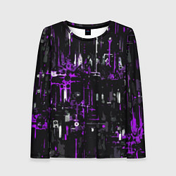 Женский лонгслив Бело-фиолетовая тревожная абстракция на чёрном фон