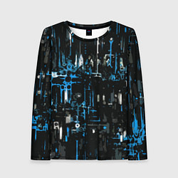 Женский лонгслив Бело-синяя тревожная абстракция на чёрном фоне