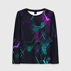 Женский лонгслив Розово-голубые точки и линии на чёрном фоне