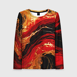 Женский лонгслив Красно-золотые брызги на чёрном фоне