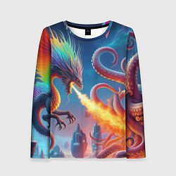 Лонгслив женский Огнедышащий дракон против осьминога - нейроарт фан, цвет: 3D-принт