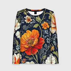 Лонгслив женский Маки и пионы старинный паттерн, цвет: 3D-принт