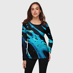 Лонгслив женский Синие волны краски на черном, цвет: 3D-принт — фото 2