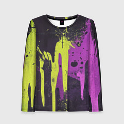 Лонгслив женский Желтая и фиолетовая краска на черном, цвет: 3D-принт