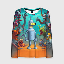 Женский лонгслив Робот-сгибальщик Бендер в окружении монстров