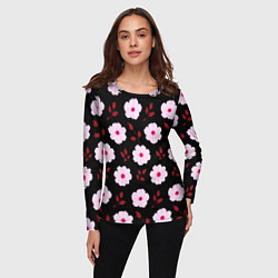 Лонгслив женский Чёрный в светлый розовый цветочек паттерн, цвет: 3D-принт — фото 2