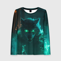 Лонгслив женский Волк с зелеными глазами с молниями, цвет: 3D-принт