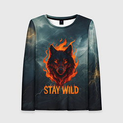 Лонгслив женский Stay wild волк в огне, цвет: 3D-принт