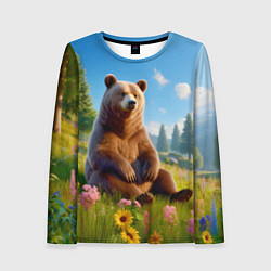 Лонгслив женский Русский мишка сидит на траве, цвет: 3D-принт
