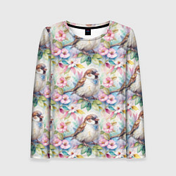 Женский лонгслив Воробей в ярких цветах паттерн