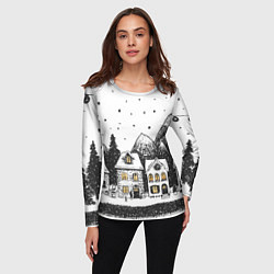 Лонгслив женский Черно-белый новогодний город, цвет: 3D-принт — фото 2