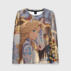 Женский лонгслив Блондинка с новогодней лошадкой