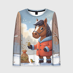 Женский лонгслив Лошадка на зимней прогулке