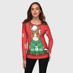 Лонгслив женский Новогодняя лошадка в зеленом свитере, цвет: 3D-принт — фото 2